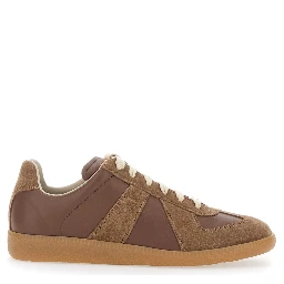 Replica Brown Low Top Sneakers with Suede Details and Logo on the Tongue in Leather Woman