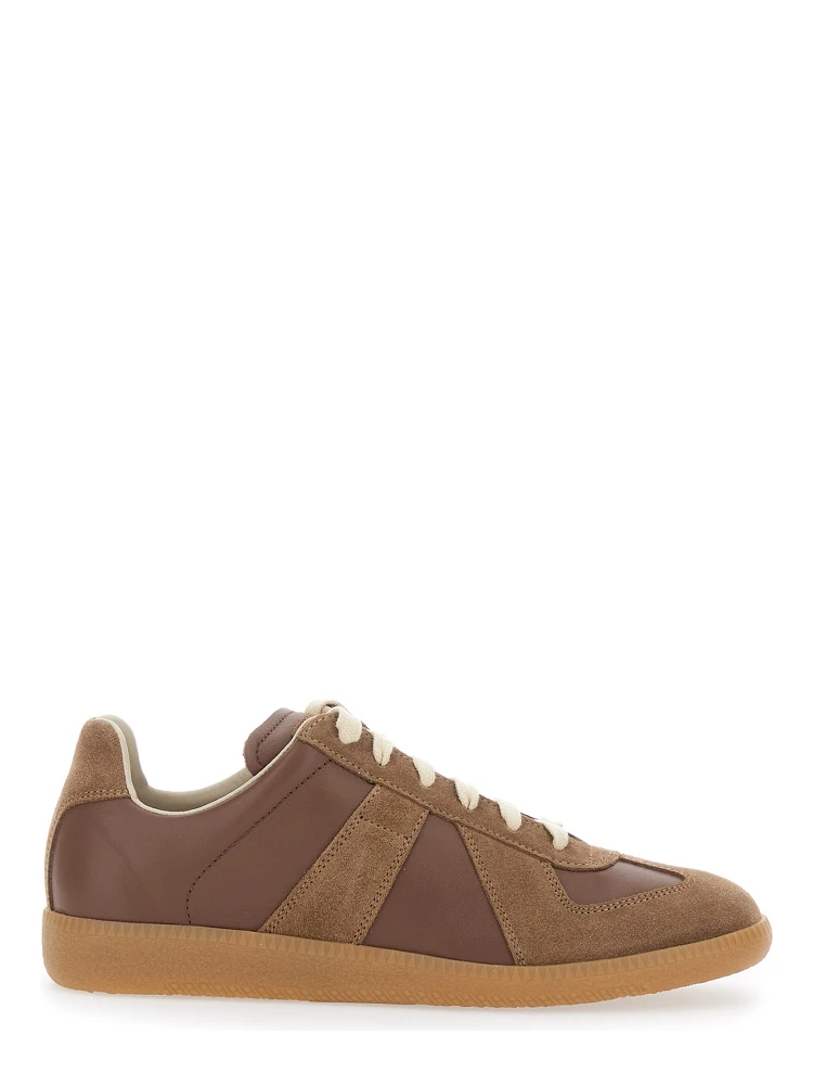 Replica Brown Low Top Sneakers with Suede Details and Logo on the Tongue in Leather Woman