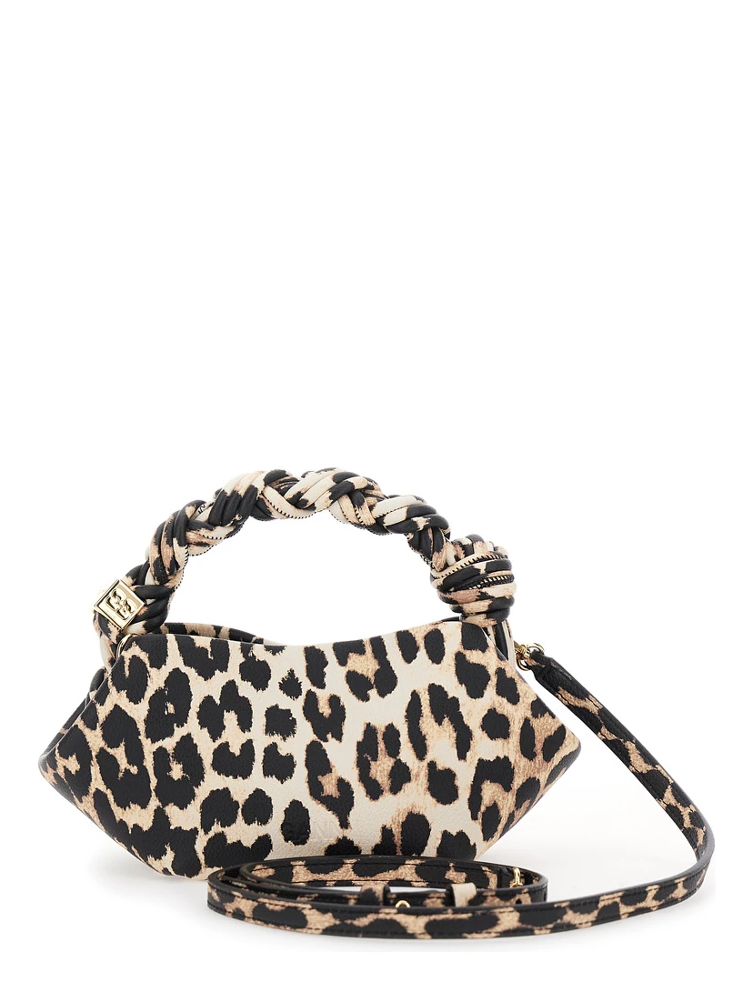 Bou Brown Mini Handbag with Braided Handle and All-Over Leopard Motif in Fabric Woman