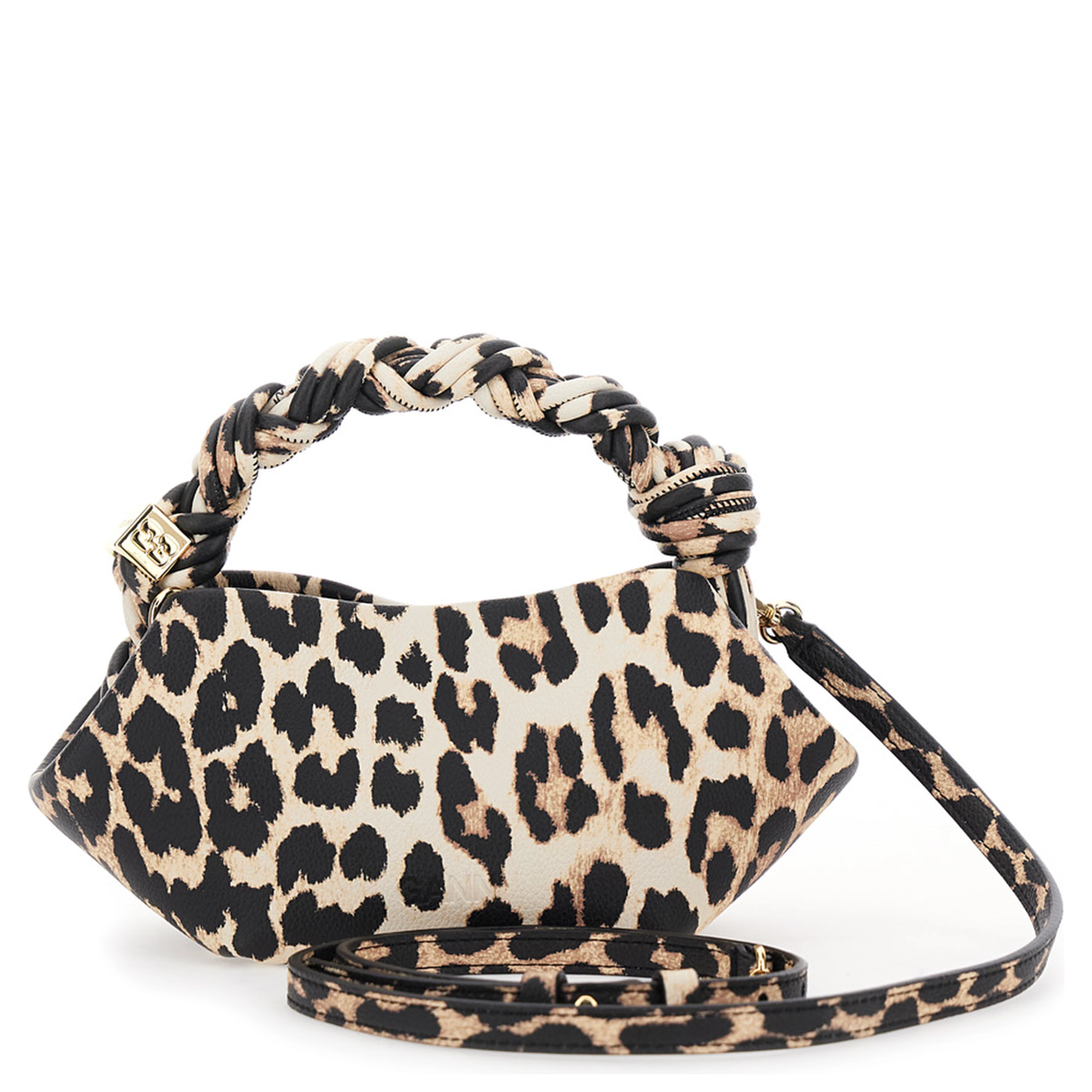Bou Brown Mini Handbag with Braided Handle and All-Over Leopard Motif in Fabric Woman