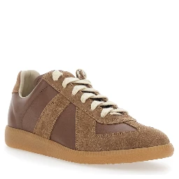 Replica Brown Low Top Sneakers with Suede Details and Logo on the Tongue in Leather Woman