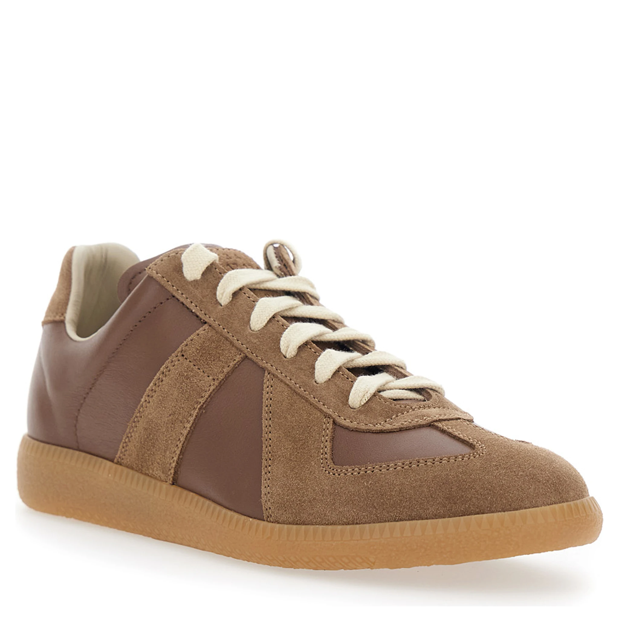 Replica Brown Low Top Sneakers with Suede Details and Logo on the Tongue in Leather Woman
