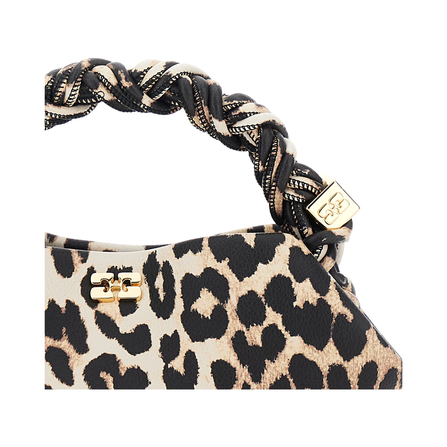 Bou Brown Mini Handbag with Braided Handle and All-Over Leopard Motif in Fabric Woman