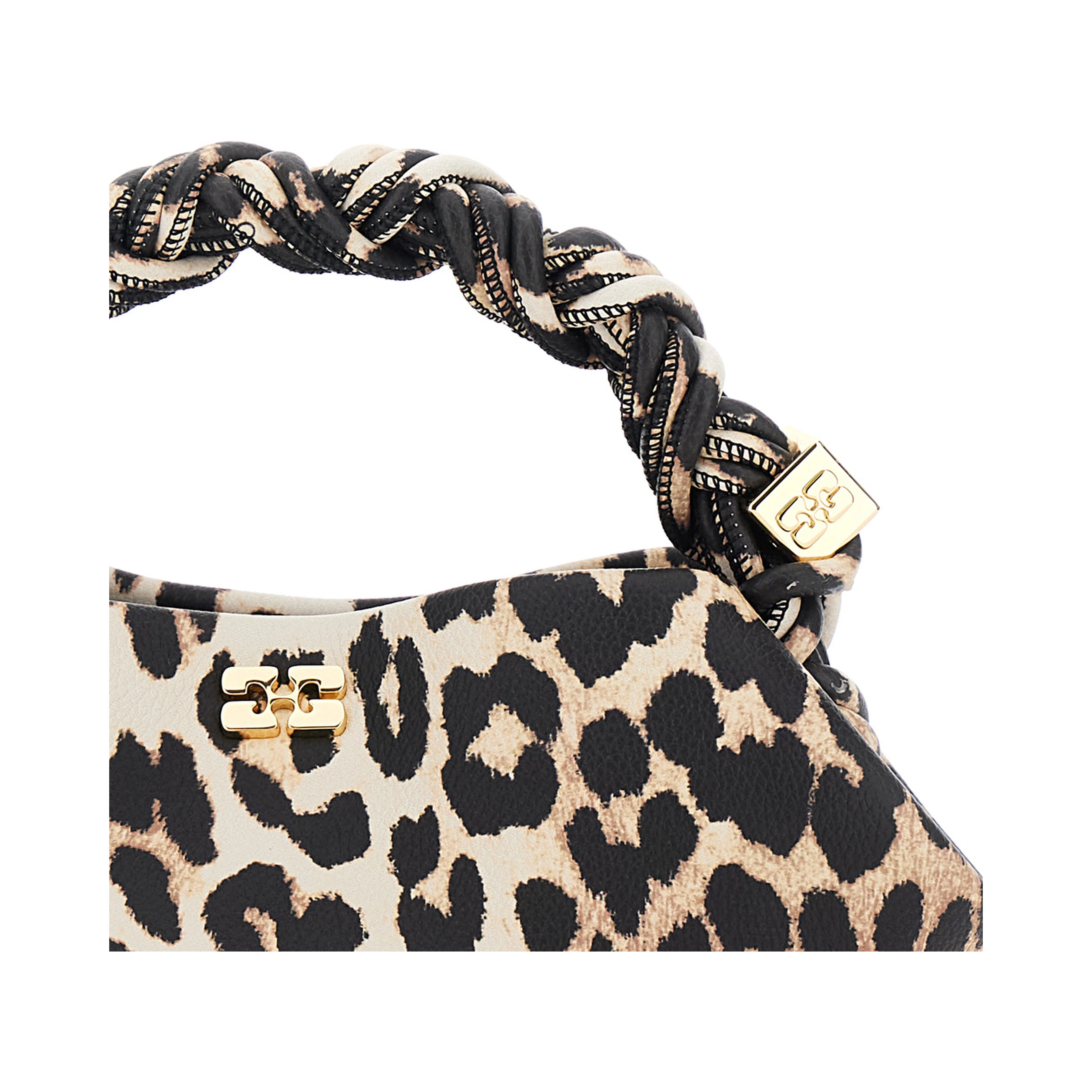 Bou Brown Mini Handbag with Braided Handle and All-Over Leopard Motif in Fabric Woman