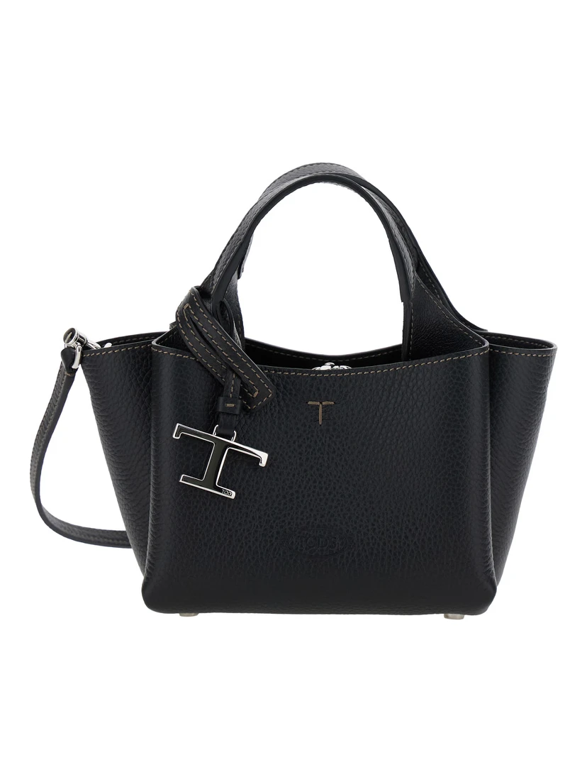 Black Handbag with Removable Metal Pendant in Leather Woman