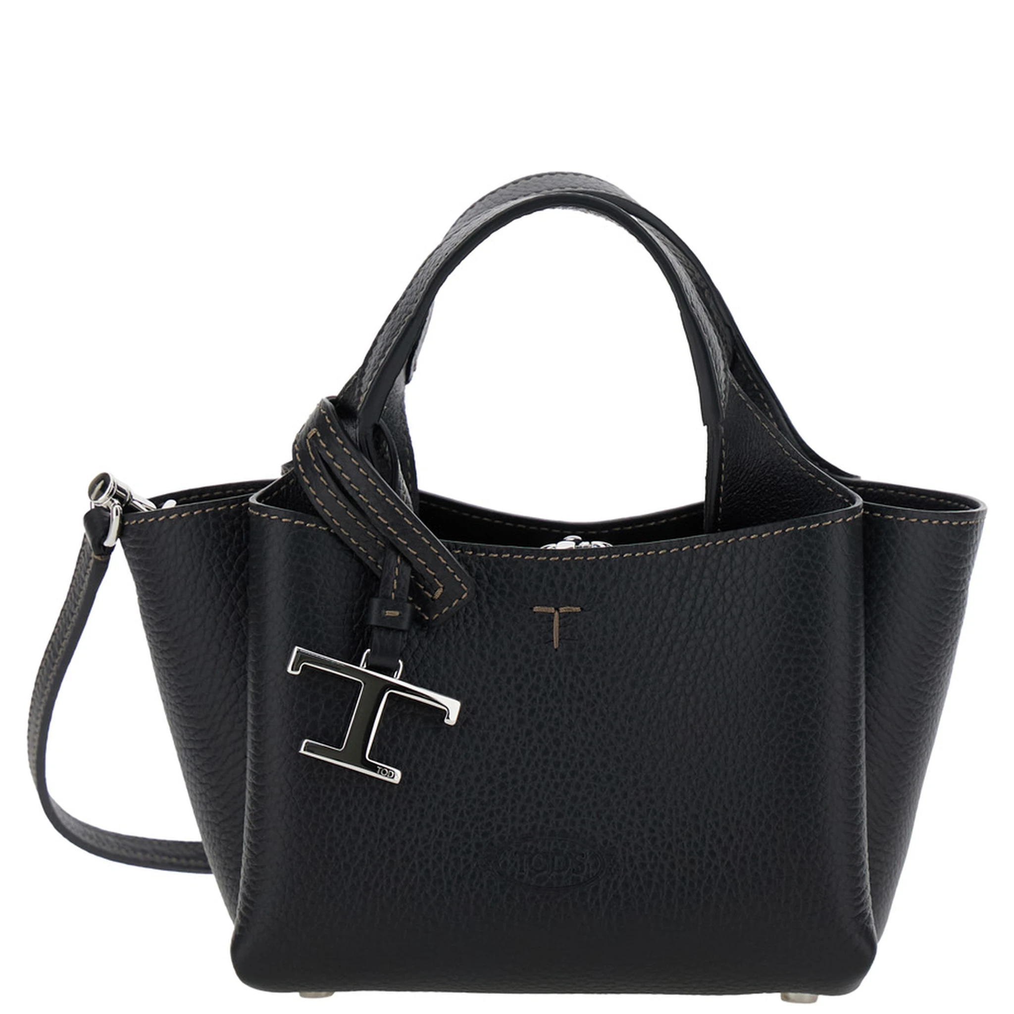 Black Handbag with Removable Metal Pendant in Leather Woman