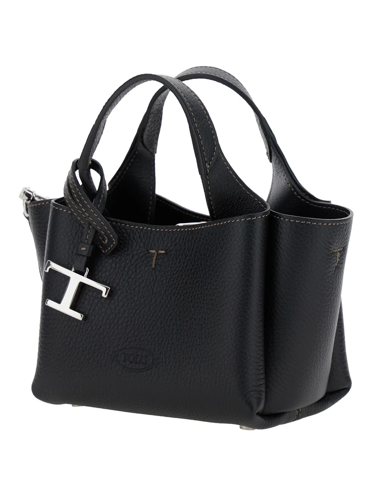 Black Handbag with Removable Metal Pendant in Leather Woman alternative