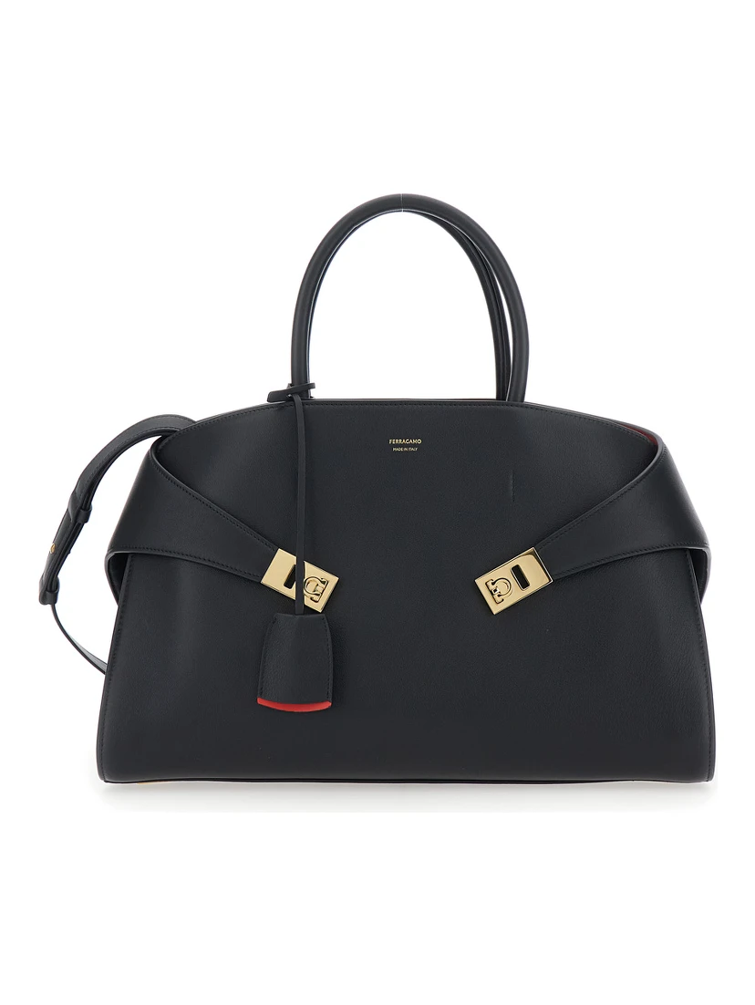 Hug Black Handbag with Logo and Gancini Buckle in Leather Woman