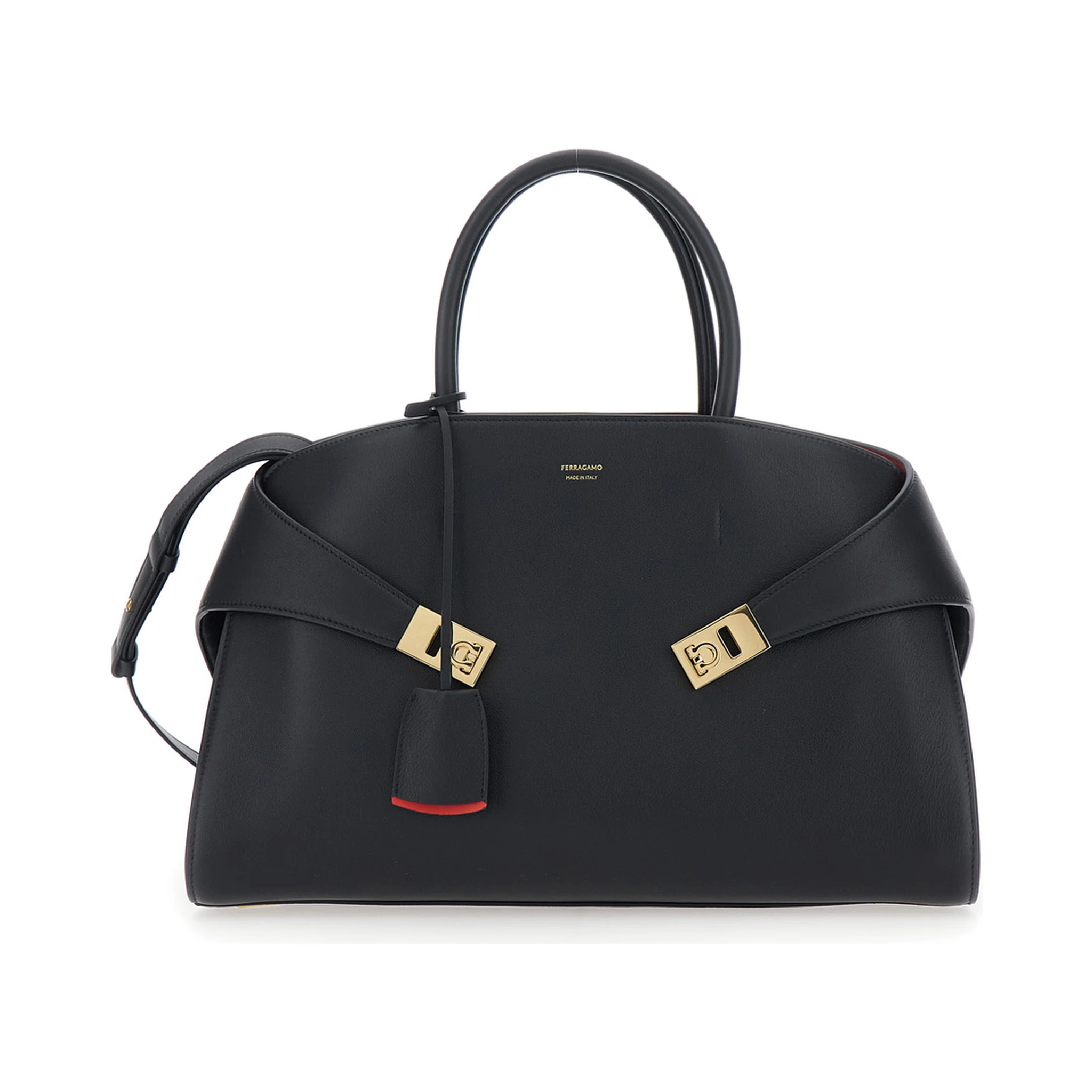 Hug Black Handbag with Logo and Gancini Buckle in Leather Woman