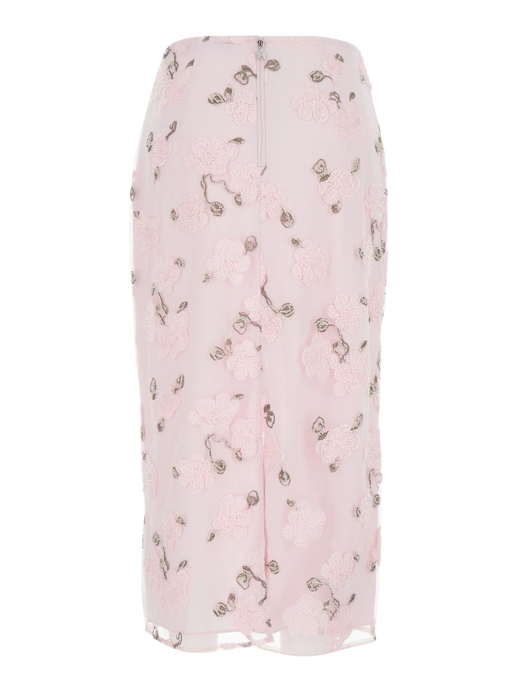 Pink Skirt with Pencil Design and Beaded Floral Detail in Fabric Woman