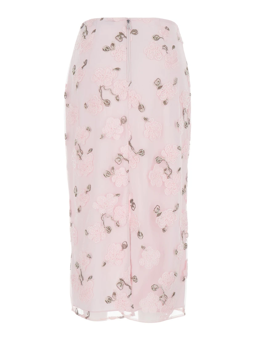 Pink Skirt with Pencil Design and Beaded Floral Detail in Fabric Woman