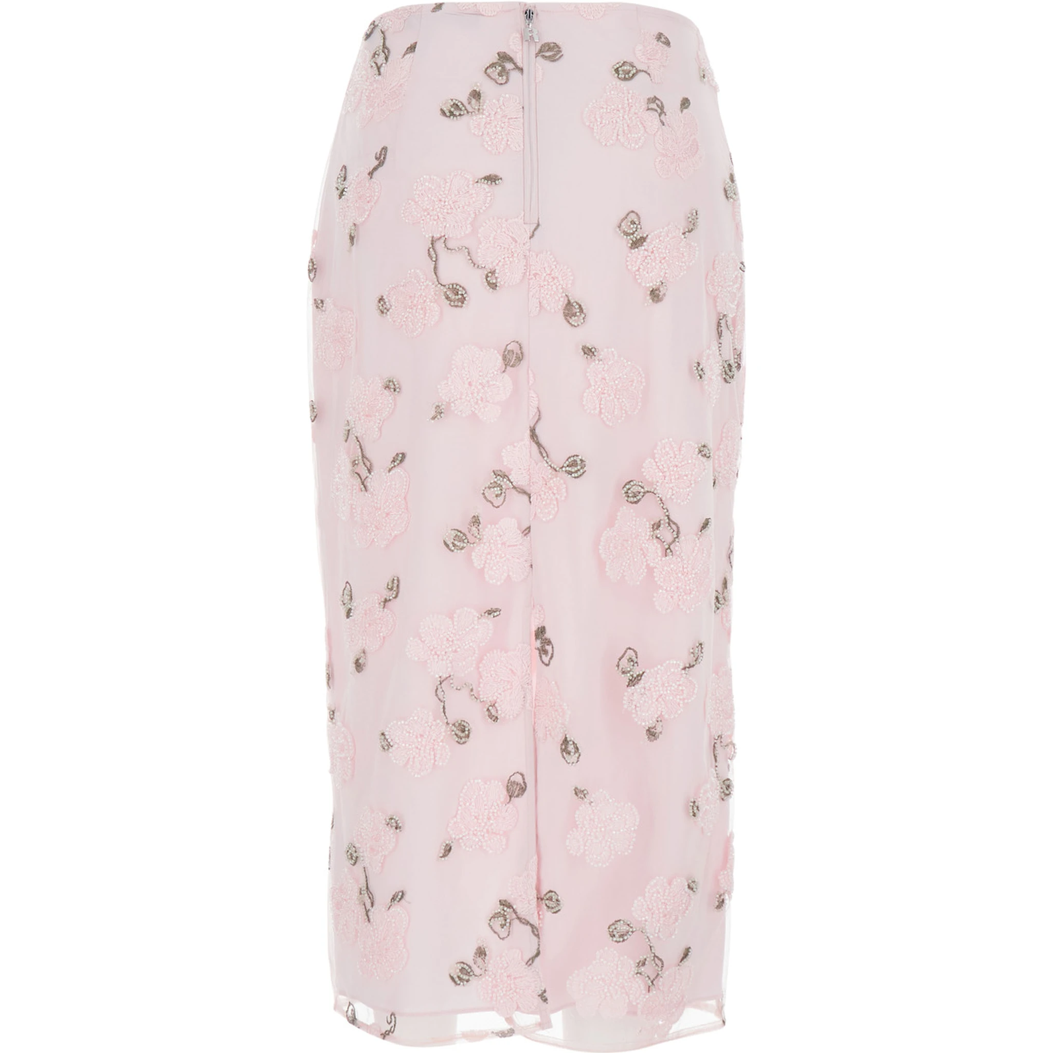 Pink Skirt with Pencil Design and Beaded Floral Detail in Fabric Woman