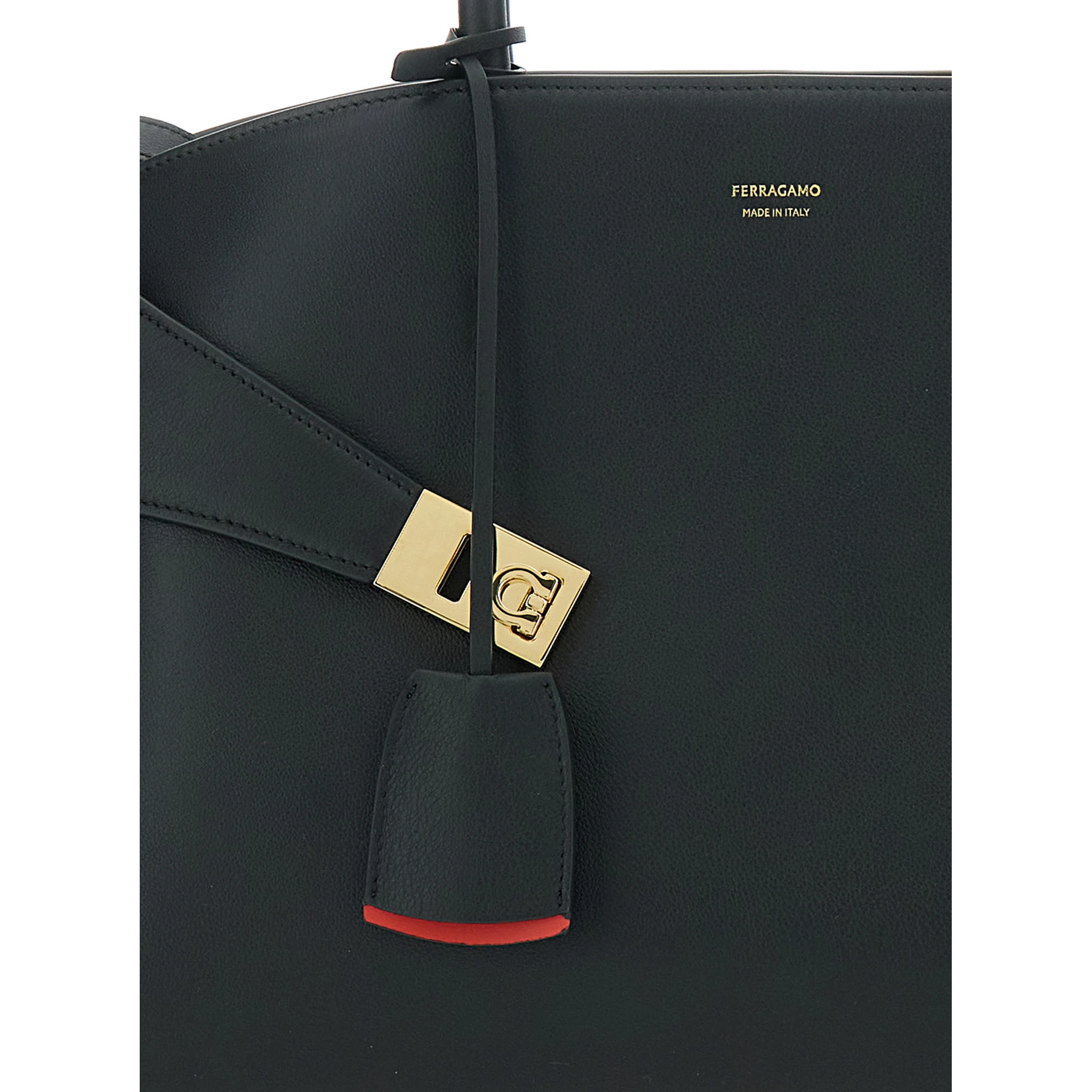 Hug Black Handbag with Logo and Gancini Buckle in Leather Woman