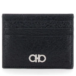 Black Card Holder with Gancini Plaque on the Front in Leather Man