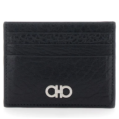 Black Card Holder with Gancini Plaque on the Front in Leather Man