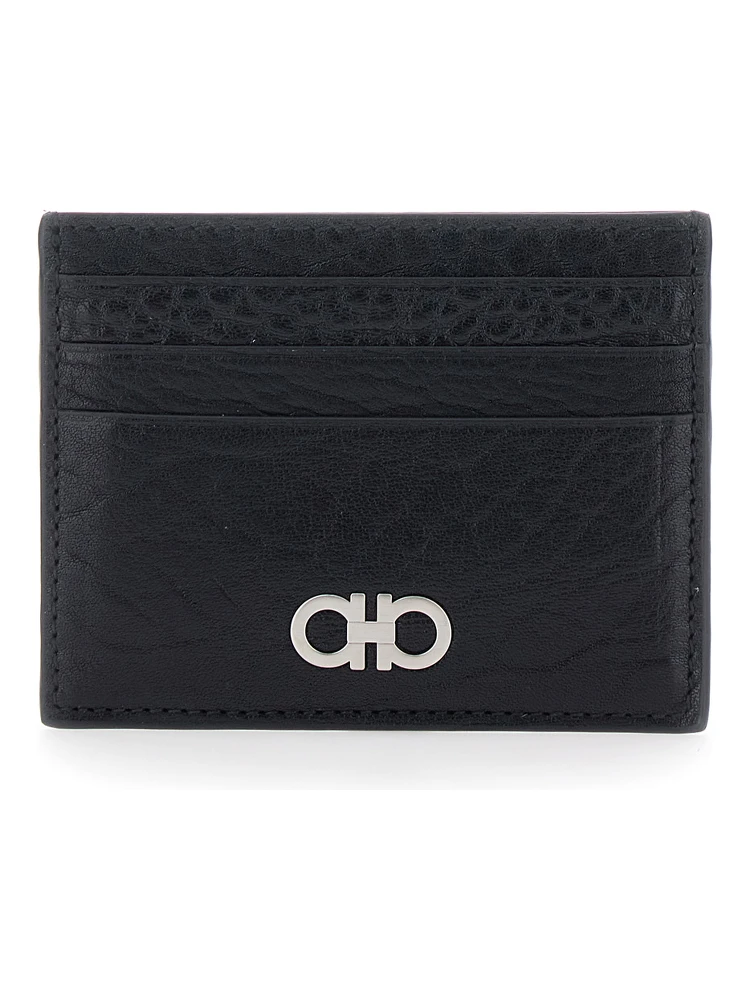 Black Card Holder with Gancini Plaque on the Front in Leather Man