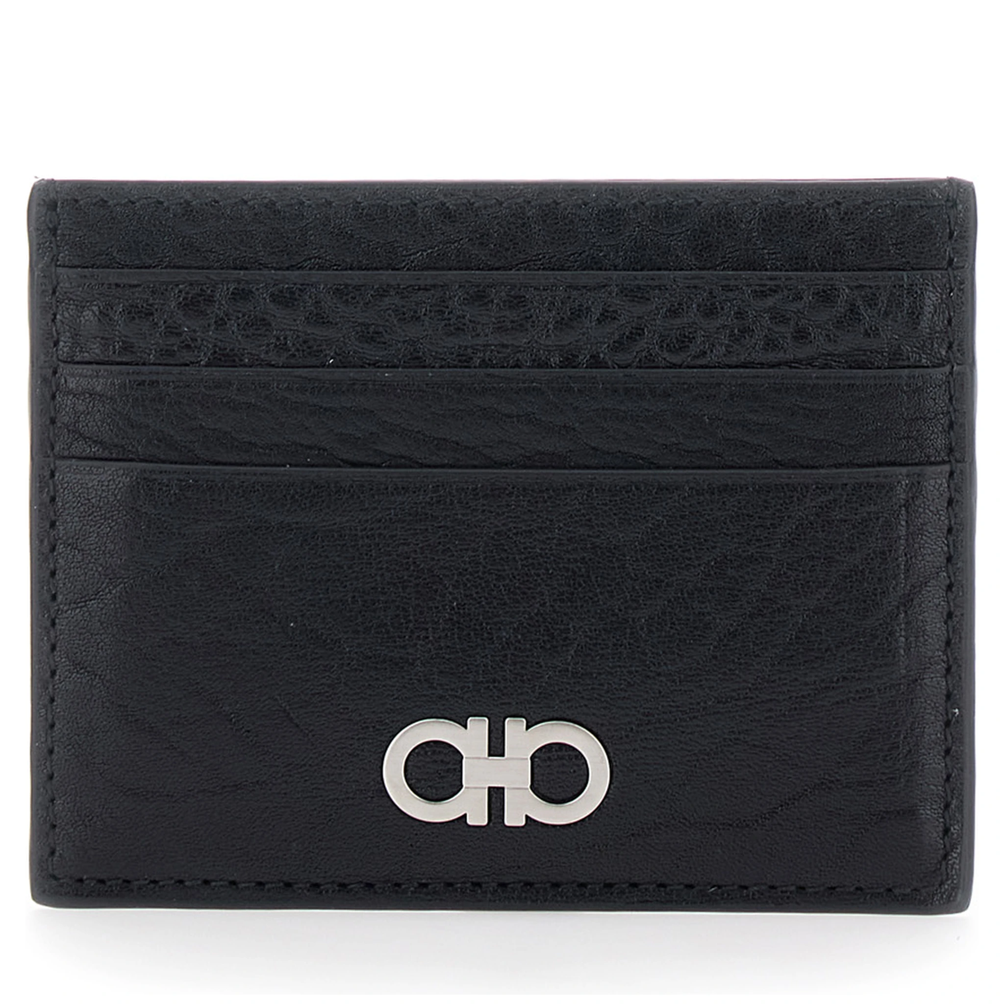 Black Card Holder with Gancini Plaque on the Front in Leather Man
