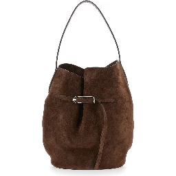 Belted Bucket Brown Shoulder Bag with Belt on the Front in Suede Woman