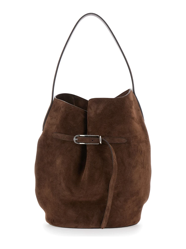 Belted Bucket Brown Shoulder Bag with Belt on the Front in Suede Woman