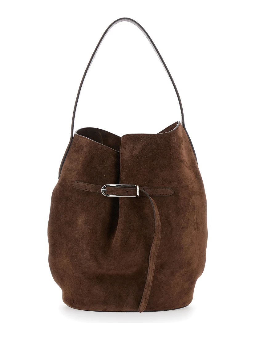 Belted Bucket Brown Shoulder Bag with Belt on the Front in Suede Woman
