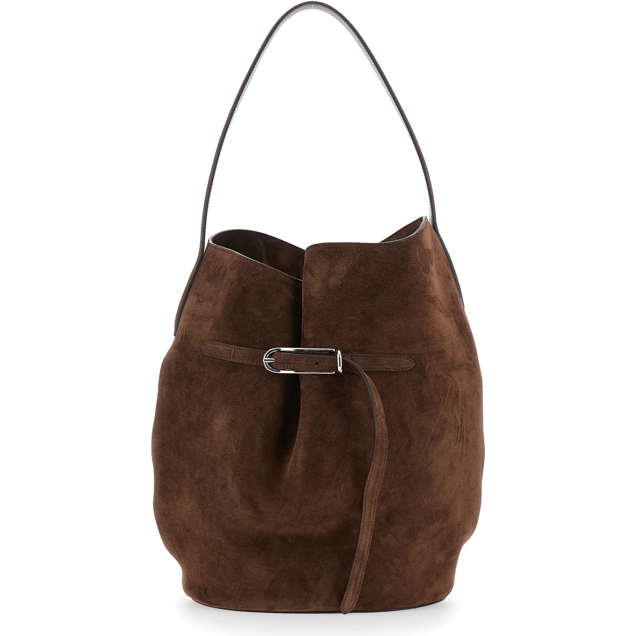 Belted Bucket Brown Shoulder Bag with Belt on the Front in Suede Woman