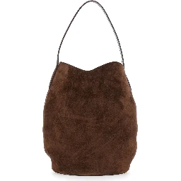 Belted Bucket Brown Shoulder Bag with Belt on the Front in Suede Woman