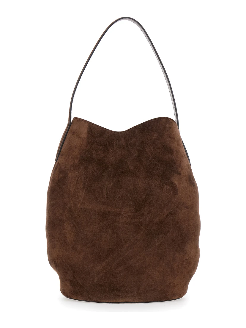 Belted Bucket Brown Shoulder Bag with Belt on the Front in Suede Woman