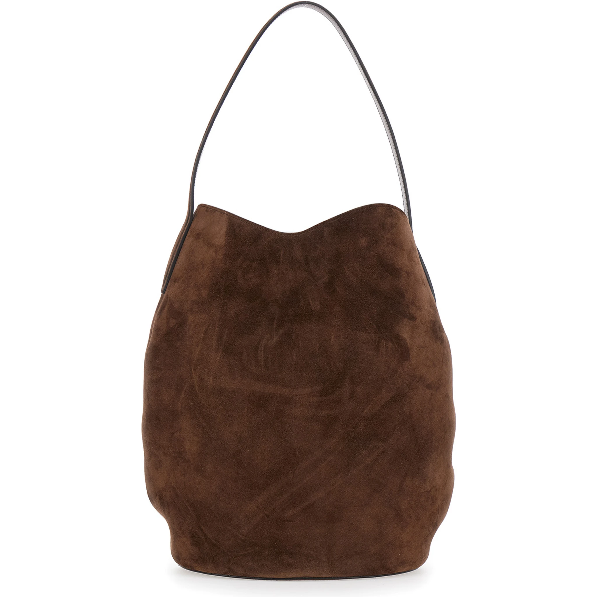 Belted Bucket Brown Shoulder Bag with Belt on the Front in Suede Woman
