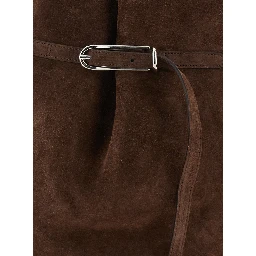 Belted Bucket Brown Shoulder Bag with Belt on the Front in Suede Woman
