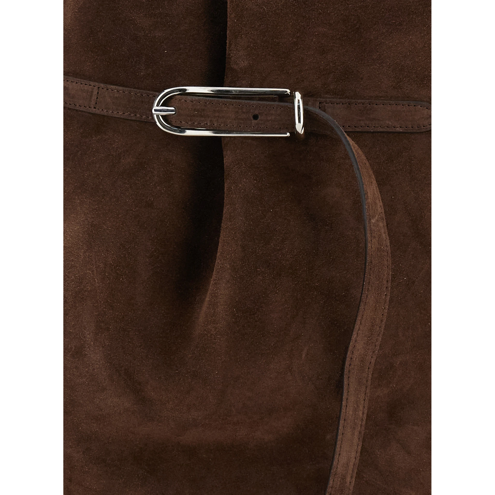 Belted Bucket Brown Shoulder Bag with Belt on the Front in Suede Woman