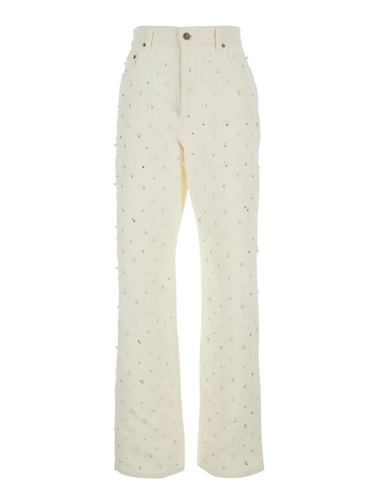 White Jeans with Belt Loops and All-Over Crystal Embellishments in Denim Woman