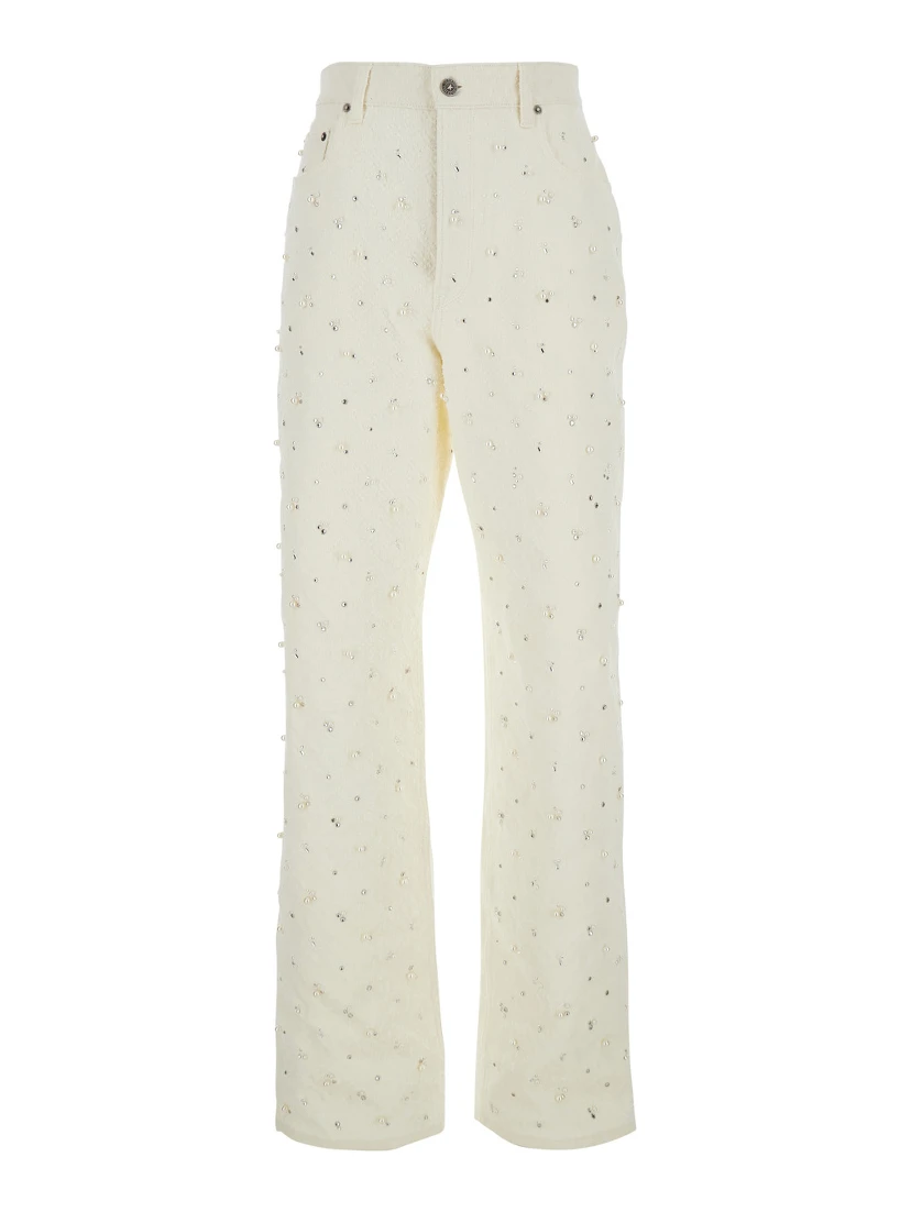 White Jeans with Belt Loops and All-Over Crystal Embellishments in Denim Woman