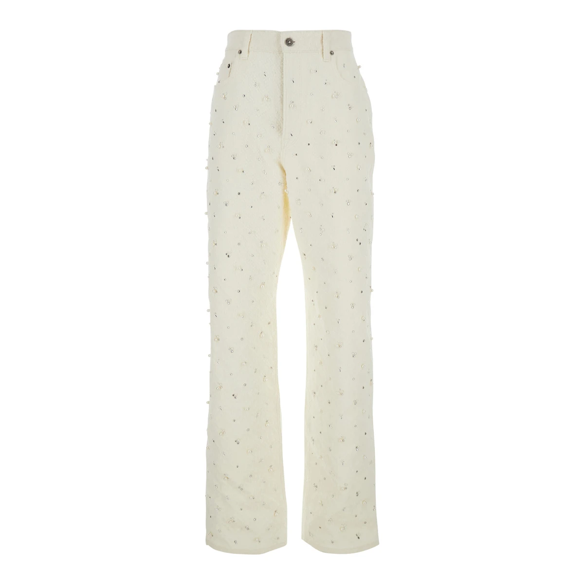 Demin Loop White Jeans with Belt Loops and All-Over Crystal Embellishments in ...