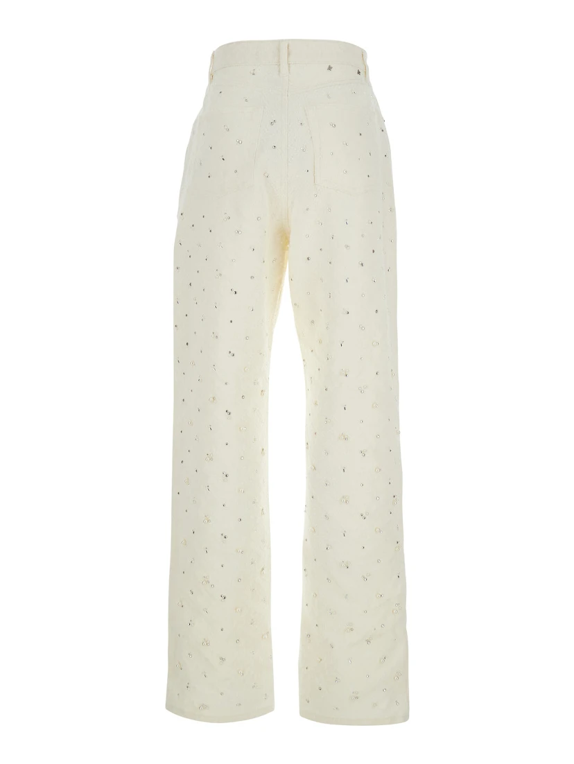 White Jeans with Belt Loops and All-Over Crystal Embellishments in Denim Woman