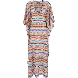 Multicolor Caftan with Wide V-Neck and All-Over Zigzag Pattern in Lamé Viscose Woman