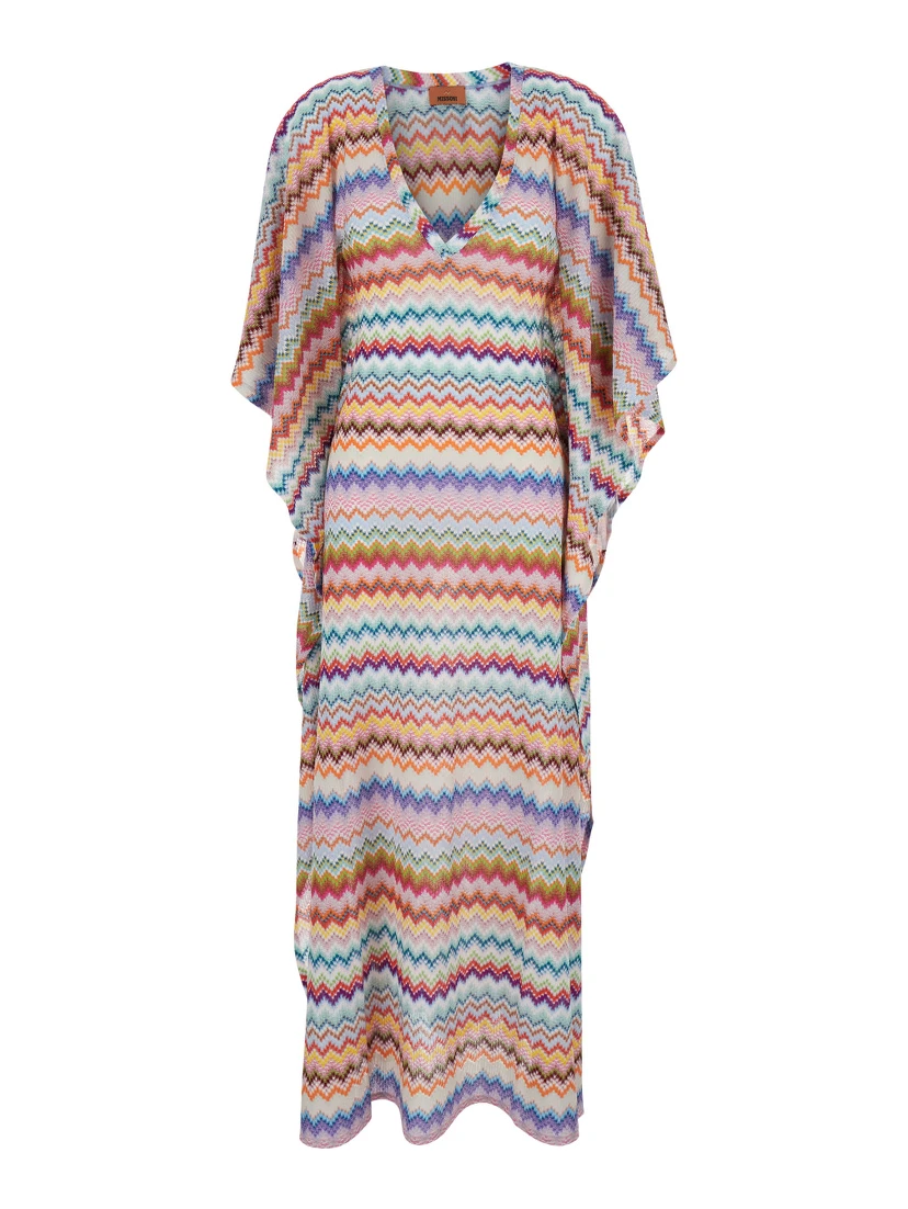 Multicolor Caftan with Wide V-Neck and All-Over Zigzag Pattern in Lamé Viscose Woman