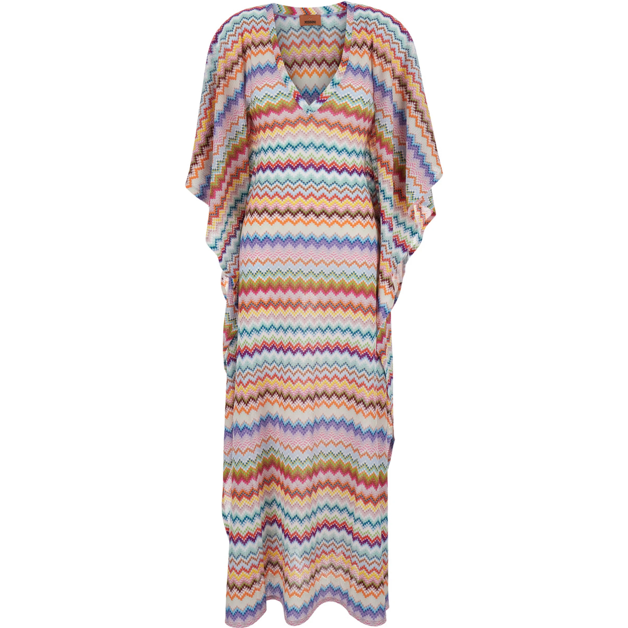 Multicolor Caftan with Wide V-Neck and All-Over Zigzag Pattern in Lamé Viscose Woman