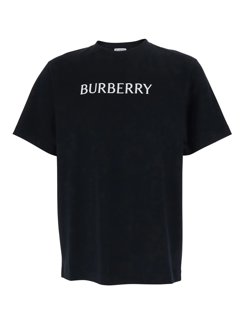 Black Crewneck T-Shirt with Logo Lettering on the Front in Cotton Man