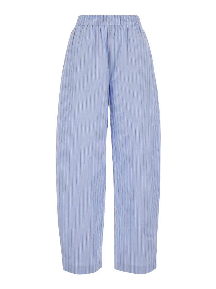 Light Blue Pants witth Striped Design and Elastic Waist in Cotton Poplin Woman
