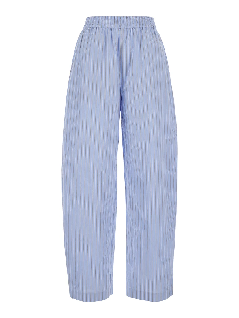 Light Blue Pants witth Striped Design and Elastic Waist in Cotton Poplin Woman