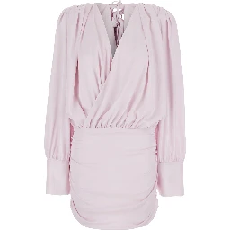 Pink Dress with Deep V-Neck and Draped Design in Silk Woman