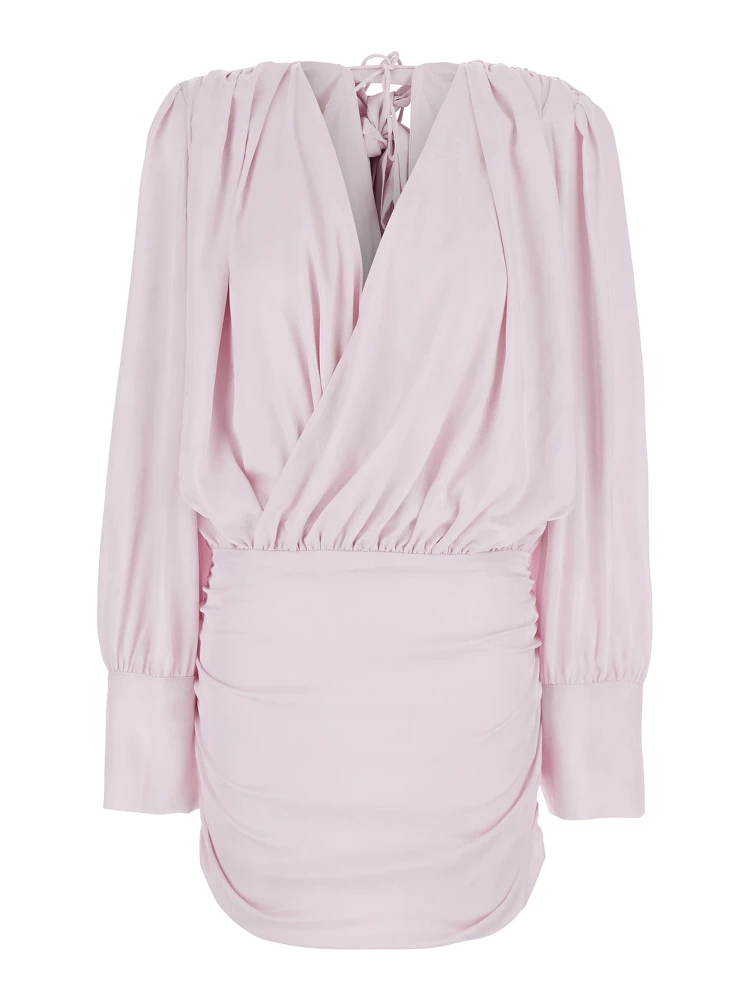 Pink Dress with Deep V-Neck and Draped Design in Silk Woman