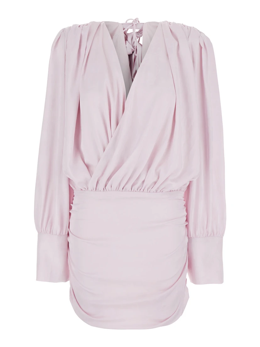 Pink Dress with Deep V-Neck and Draped Design in Silk Woman