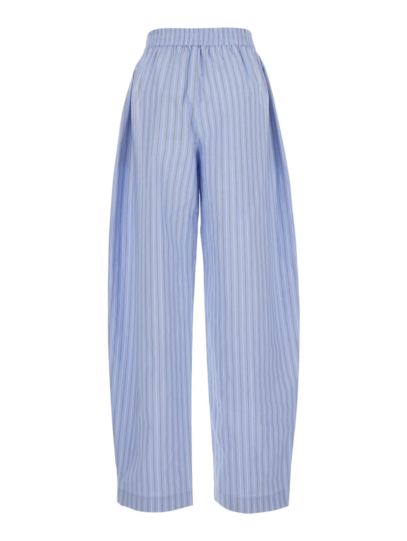 Light Blue Pants witth Striped Design and Elastic Waist in Cotton Poplin Woman