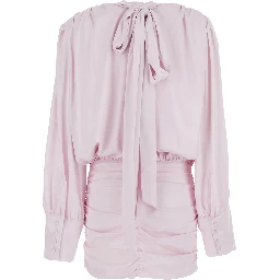 Pink Dress with Deep V-Neck and Draped Design in Silk Woman