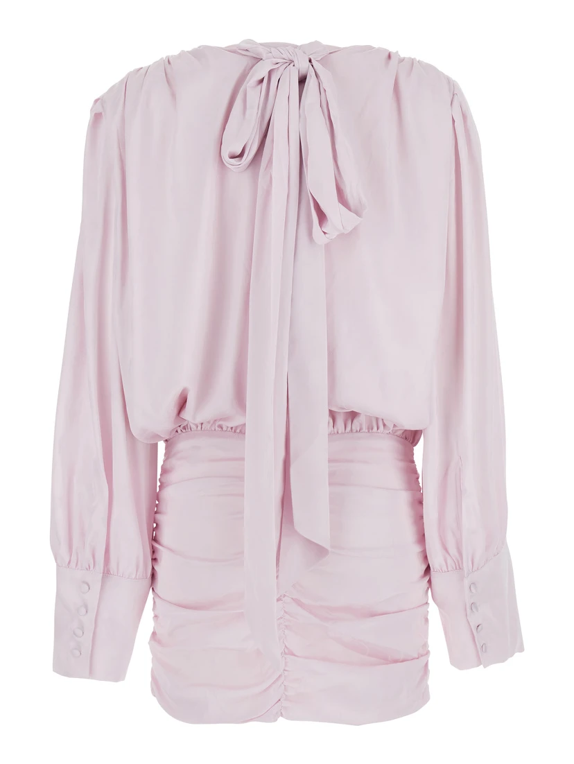 Pink Dress with Deep V-Neck and Draped Design in Silk Woman