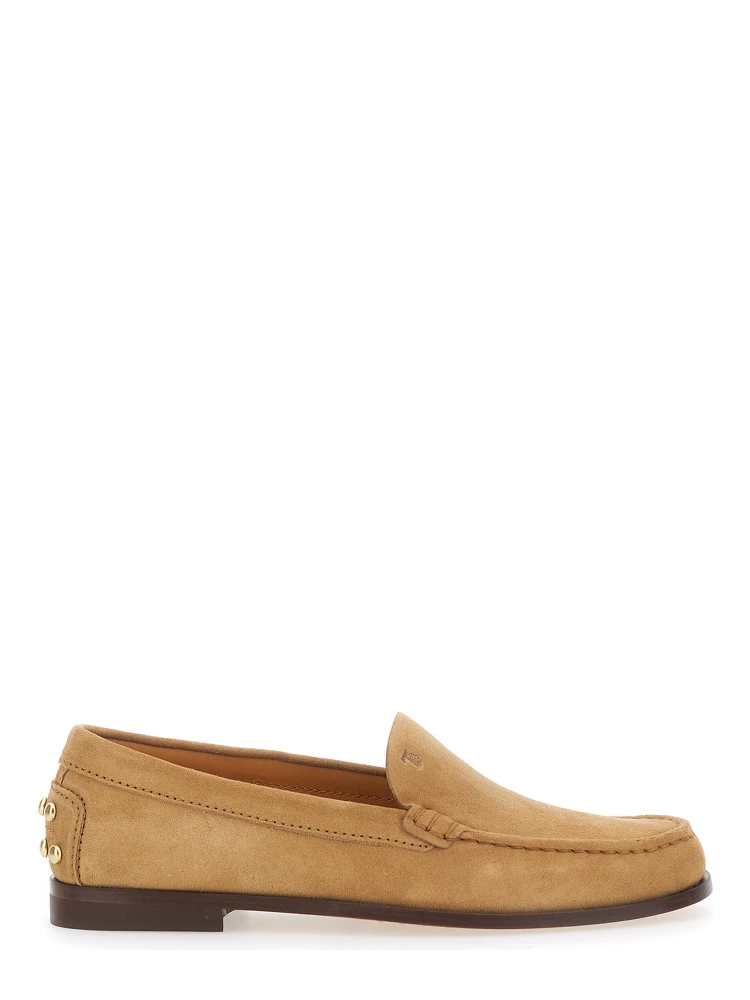 Beige Loafers with Embossed Logo and Stud Details on the Back in Leather Woman