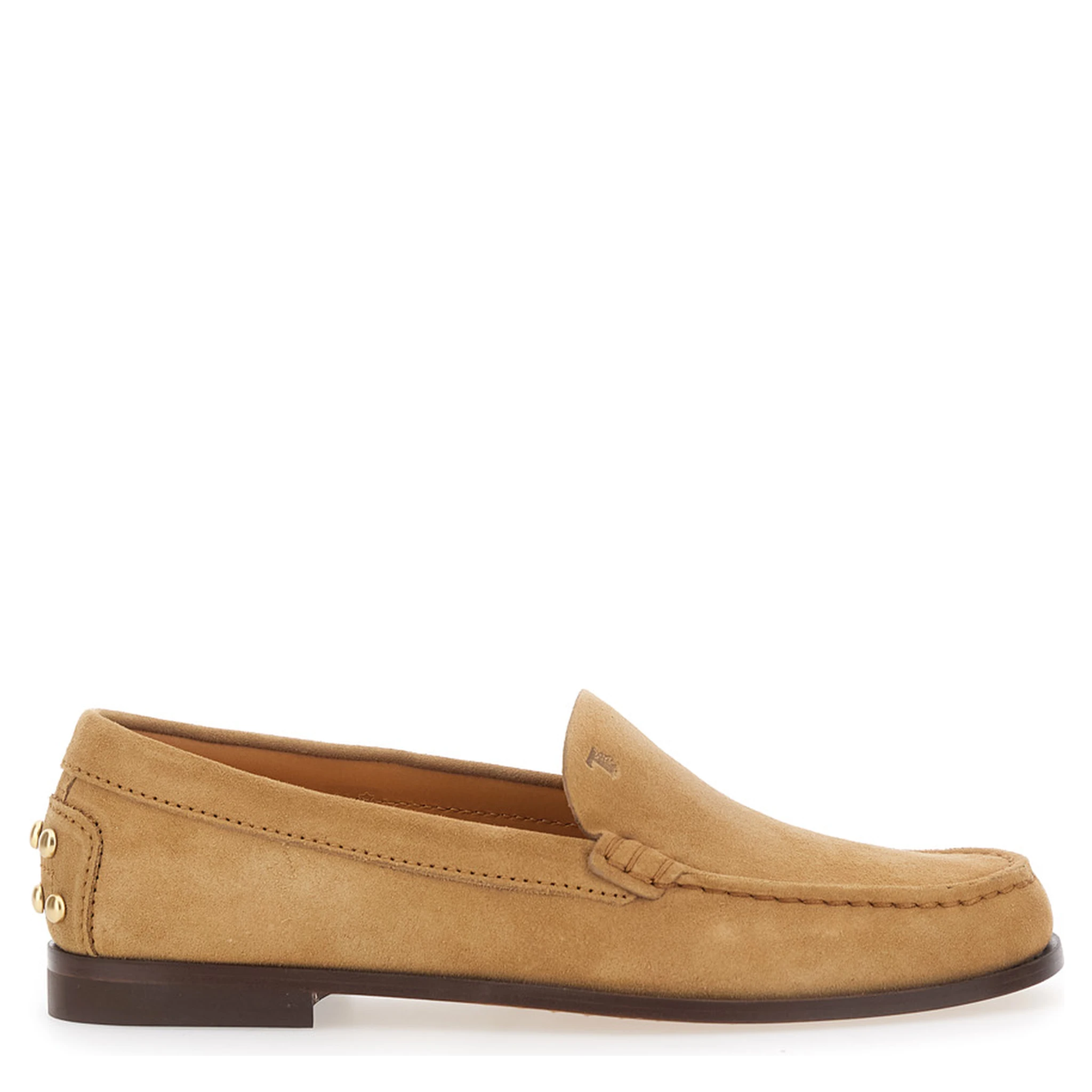 Beige Loafers with Embossed Logo and Stud Details on the Back in Leather Woman