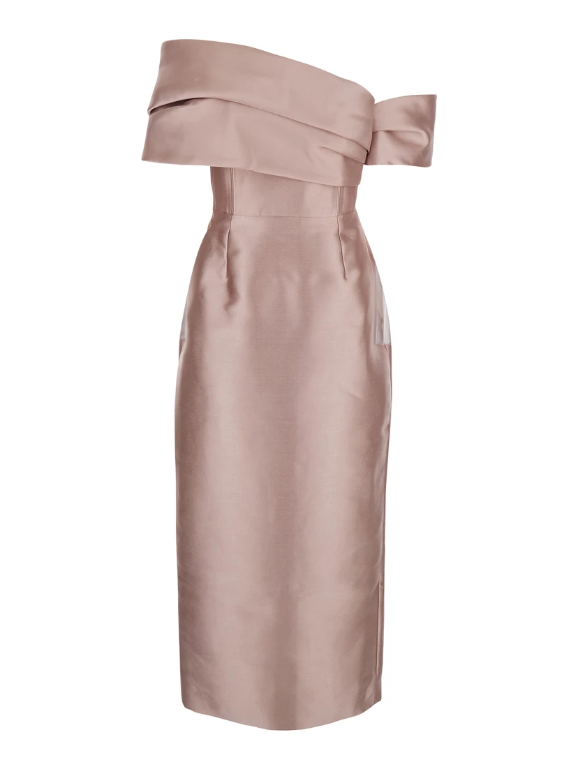 Mirla Pink Long Dress with Off-the-Shoulder Design and Back Slit in Fabric Woman