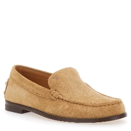 Beige Loafers with Embossed Logo and Stud Details on the Back in Leather Woman